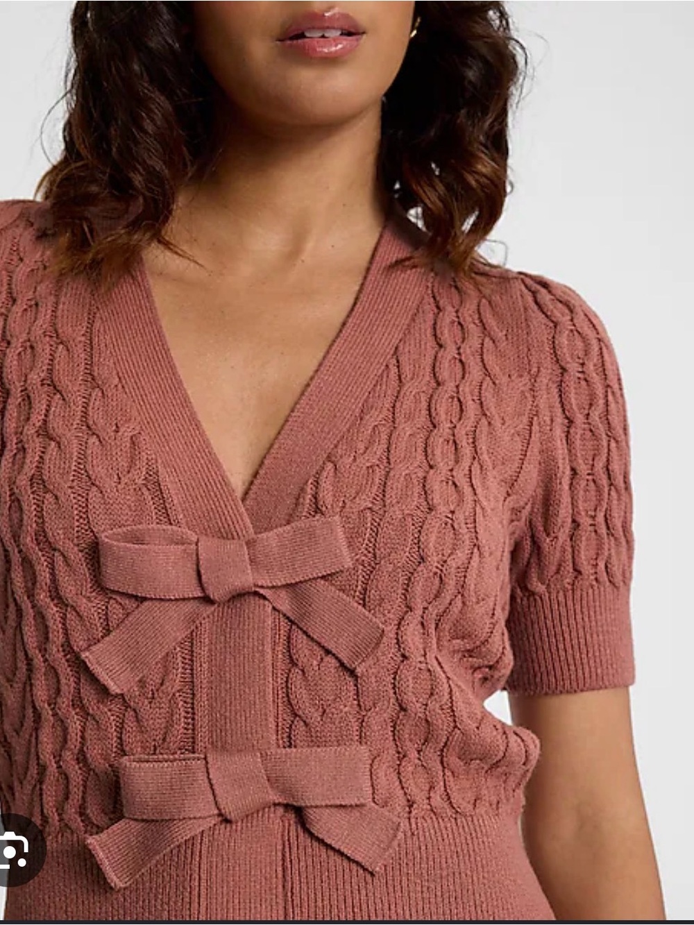 Express Women's Cable-Knit Short Sleeve Sweater with Bows - Dusty Rose
